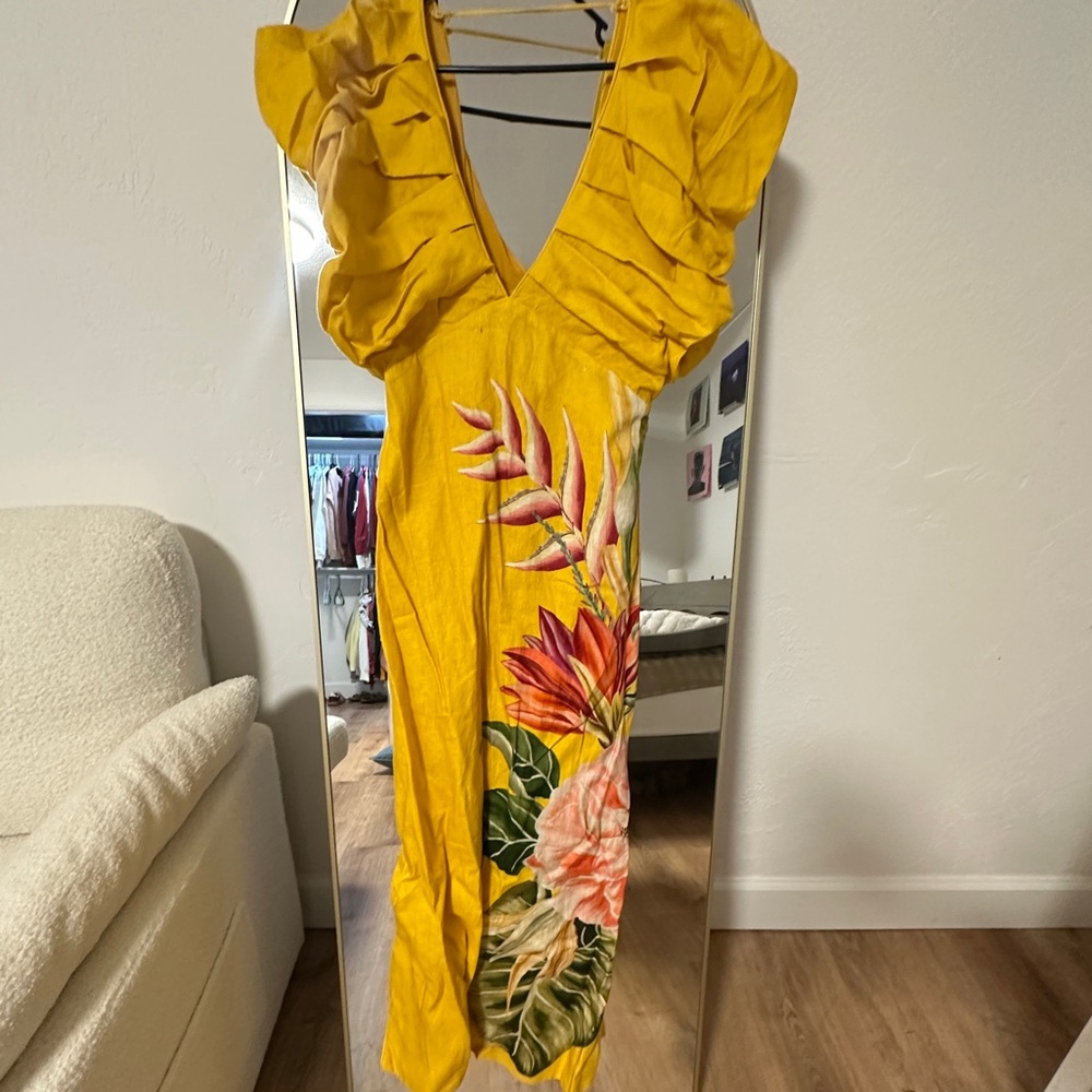 FARM Rio Yellow Spring Awakening Euroflax linen Tropical Floral VNeck Maxi Dress - Picture 8 of 10